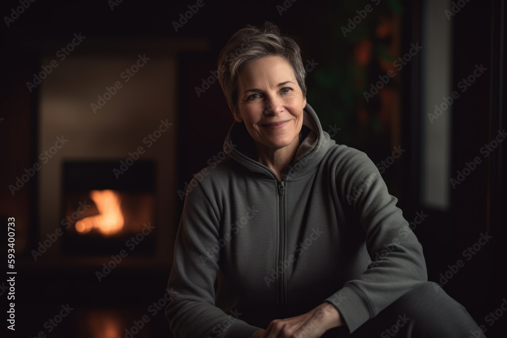 Portrait of a happy senior woman sitting in front of fireplace at home Portrait of a happy senior woman sitting in front of fireplace at home