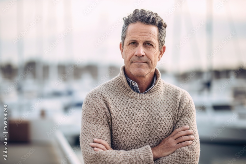 Portrait of a handsome middle-aged man in a knitted sweater standing with his arms crossed and looking at the camera Portrait of a handsome middle-aged man in a knitted sweater standing with his arms crossed and looking at the camera
