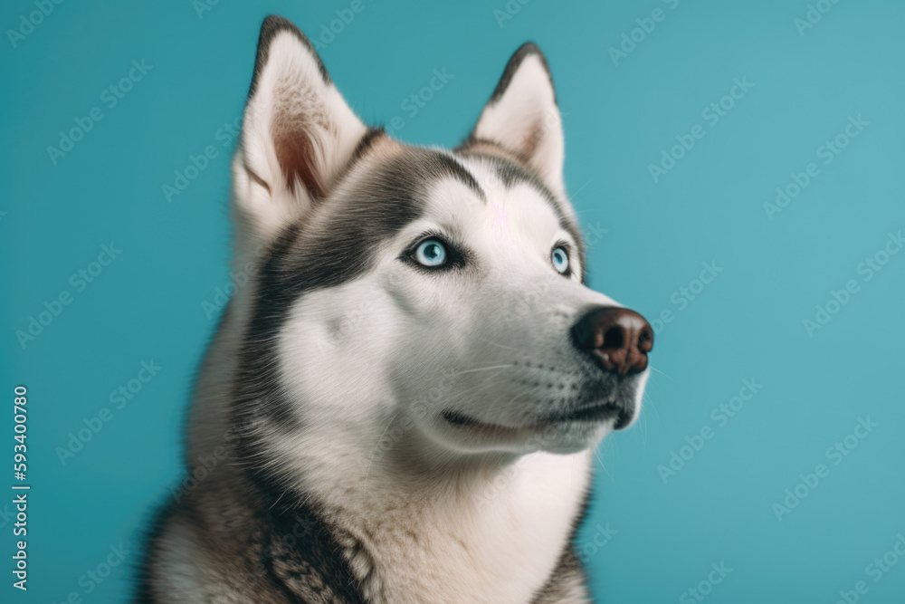 Majestic Siberian Husky. Proud dog with piercing blue eyes on blue background. Copy space. Pet concept AI Generative Majestic Siberian Husky. Proud dog with piercing blue eyes on blue background. Copy space. Pet concept AI Generative