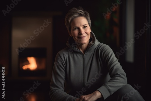 Portrait of a happy senior woman sitting in front of fireplace at home