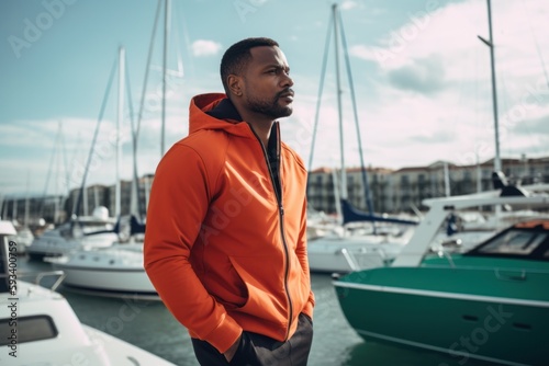 Lifestyle portrait photography of a satisfied man in his 30s wearing a comfortable tracksuit against a yacht or marina background. Generative AI