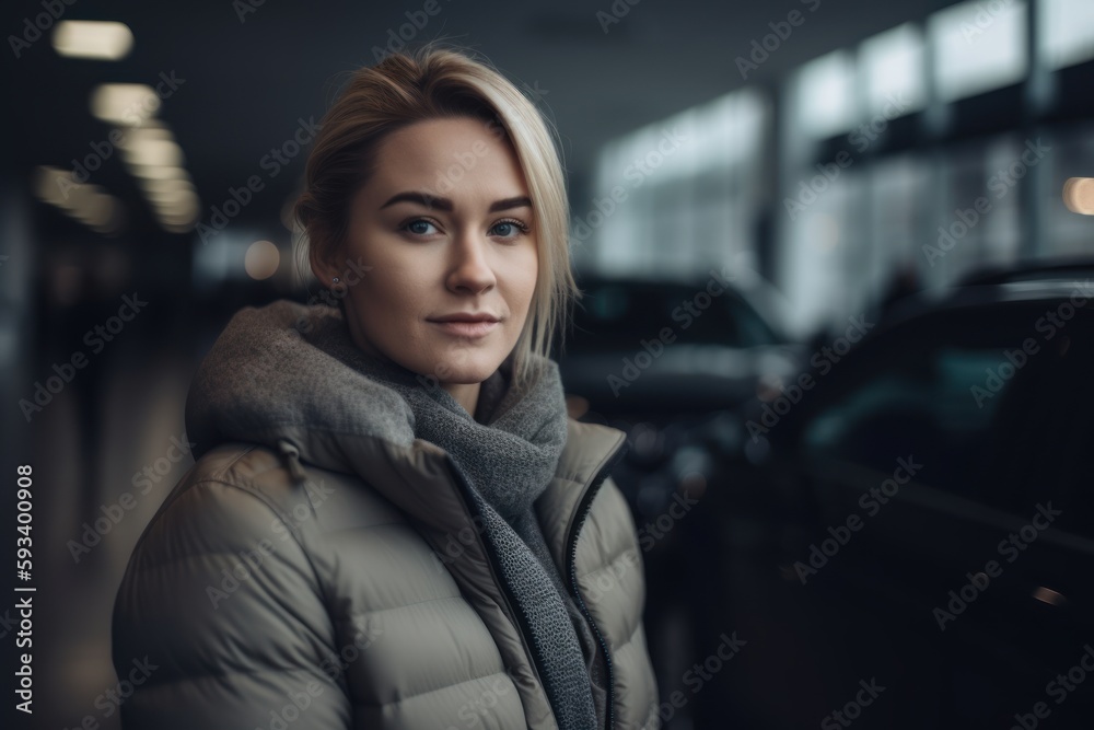 Attractive young woman in winter coat looking at camera while standing in parking lot