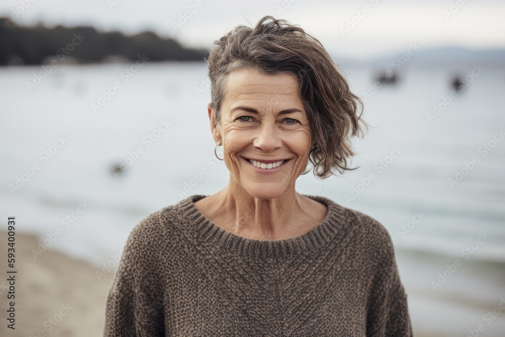 Portrait of smiling middle aged woman looking at camera on the beach Portrait of smiling middle aged woman looking at camera on the beach