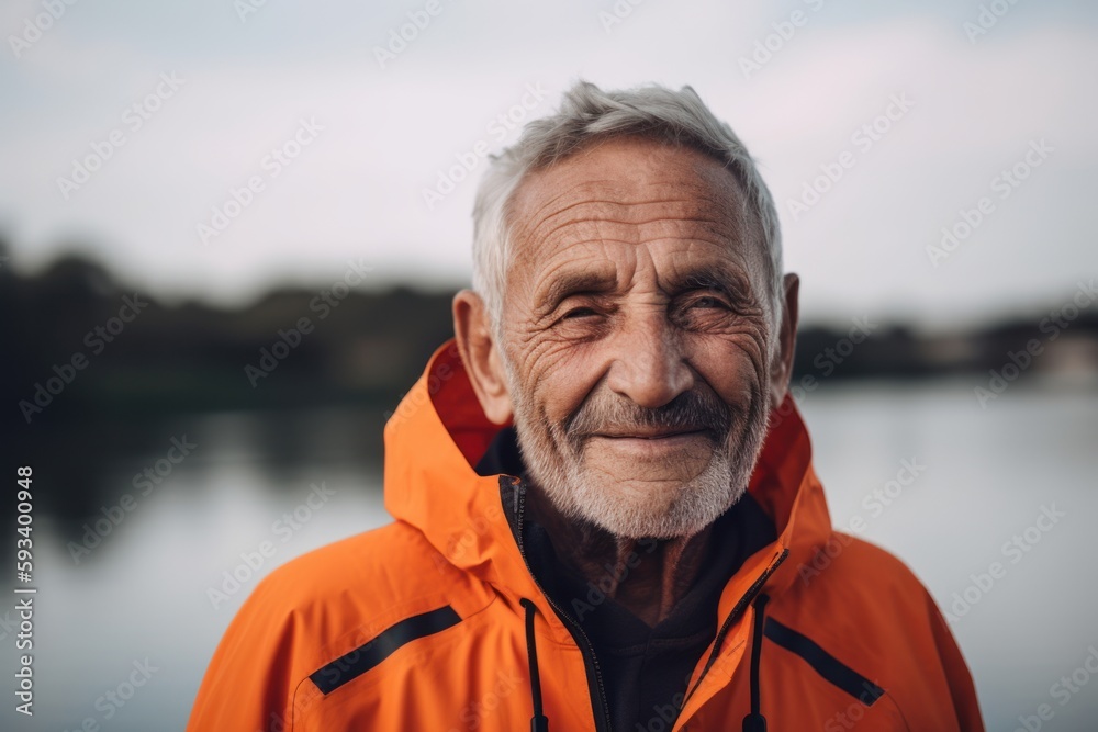 Portrait of an elderly man in a bright orange jacket on the background of the river.
