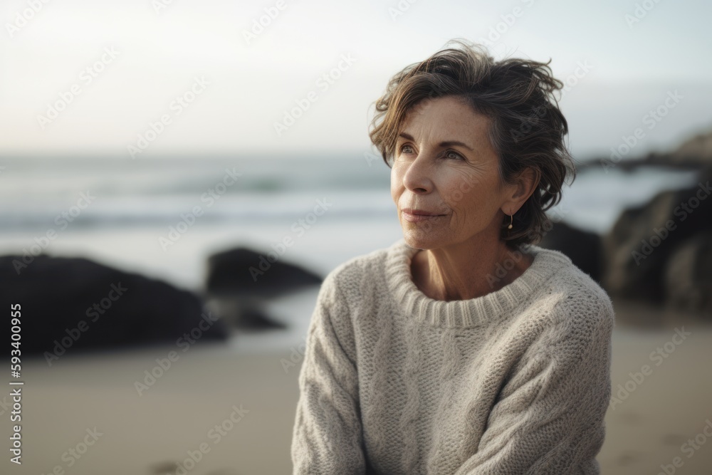 Portrait of senior woman looking away while standing on beach at sunset