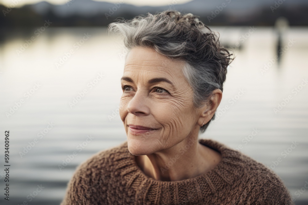 Portrait of smiling senior woman looking at camera on the lake shore Portrait of smiling senior woman looking at camera on the lake shore