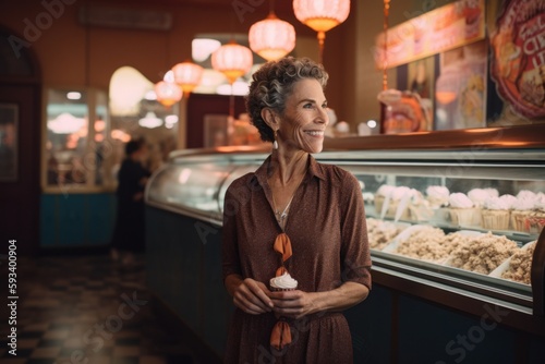 Portrait of smiling woman standing with ice cream at counter in cafe