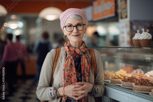 Portrait of a beautiful senior woman in glasses and a pink scarf standing in a cafe