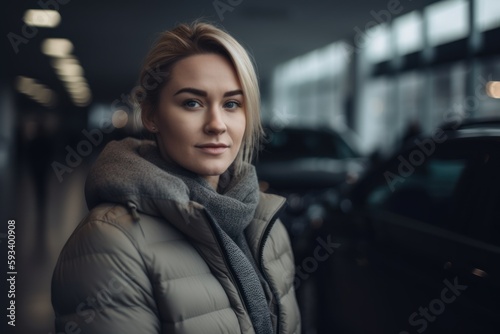 Attractive young woman in winter coat looking at camera while standing in parking lot