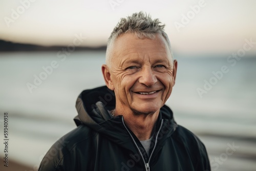 Portrait of a smiling senior man standing on the beach at sunrise © Robert MEYNER