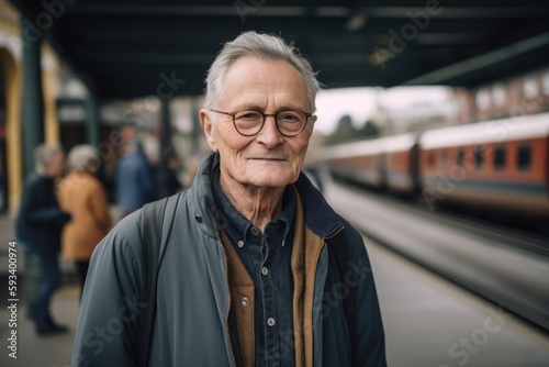 Full-length portrait photography of a satisfied man in his 70s wearing a cozy sweater against a train station or transportation background. Generative AI