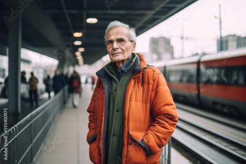 senior man in orange jacket and eyeglasses standing at train station