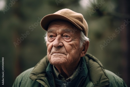 Portrait of an elderly man in a hat in the forest.