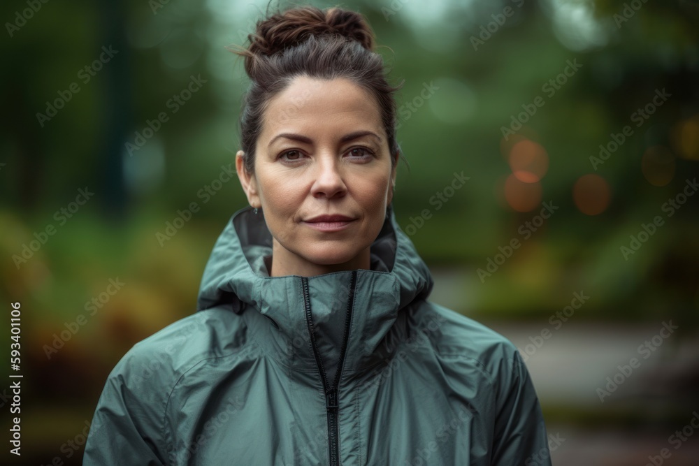Portrait of a woman in a raincoat on a city street Portrait of a woman in a raincoat on a city street