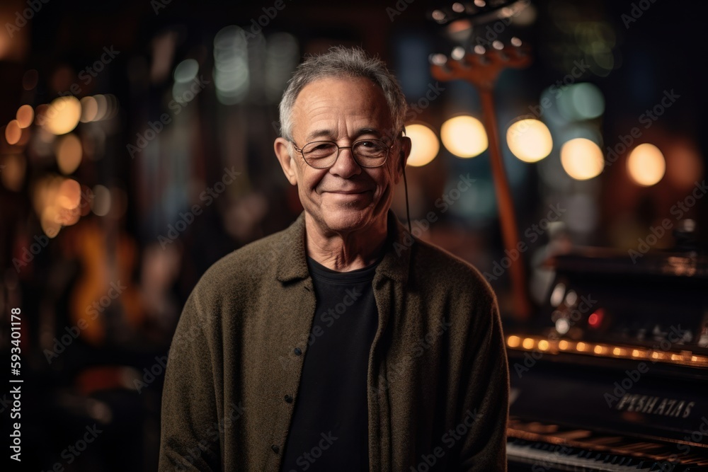 Medium shot portrait photography of a pleased man in his 60s wearing a cozy sweater against a music instruments background. Generative AI Medium shot portrait photography of a pleased man in his 60s wearing a cozy sweater against a music instruments background. Generative AI
