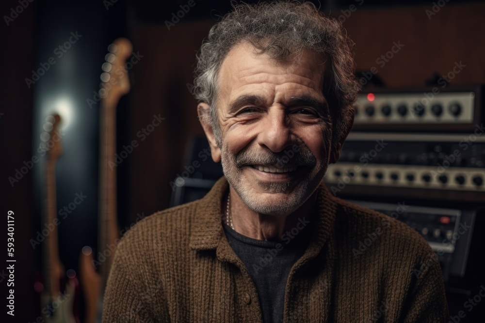 Portrait of a senior man in the recording studio. He is smiling. Portrait of a senior man in the recording studio. He is smiling.