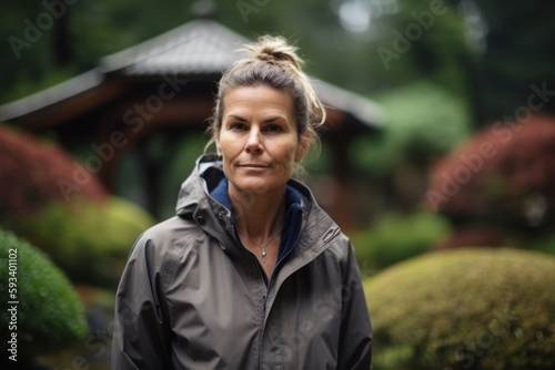 Portrait of a middle-aged woman in a raincoat in the garden