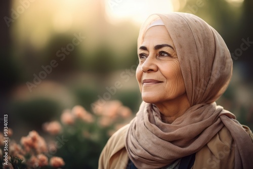 Medium shot portrait photography of a cheerful woman in her 50s wearing hijab against a zen garden or tranquil background. Generative AI