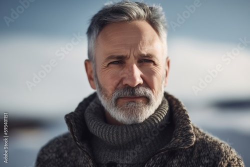 Portrait of senior man with grey beard and mustache wearing warm clothes outdoors