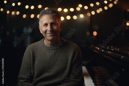 Portrait of smiling senior man sitting at piano and looking at camera