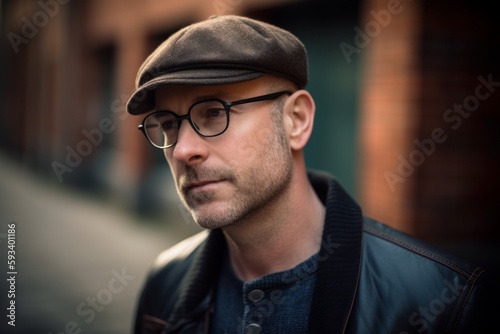Portrait of a handsome young man in a cap and glasses on the street © Robert MEYNER