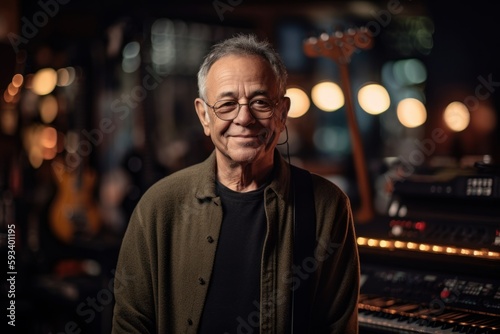 Portrait of a senior man listening to music in a recording studio