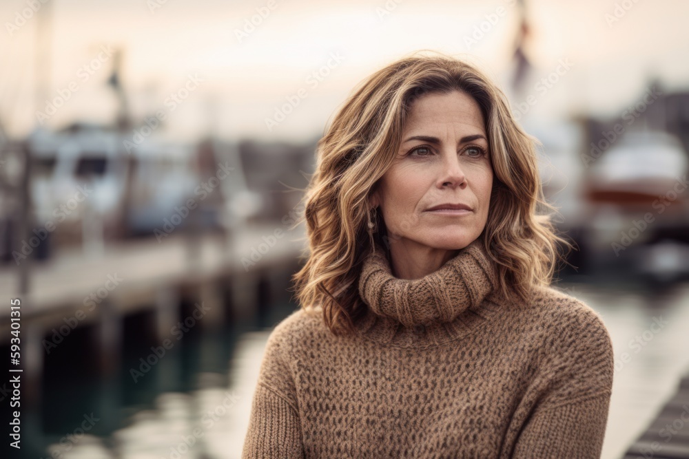 Portrait of a middle-aged woman in a warm sweater on a pier