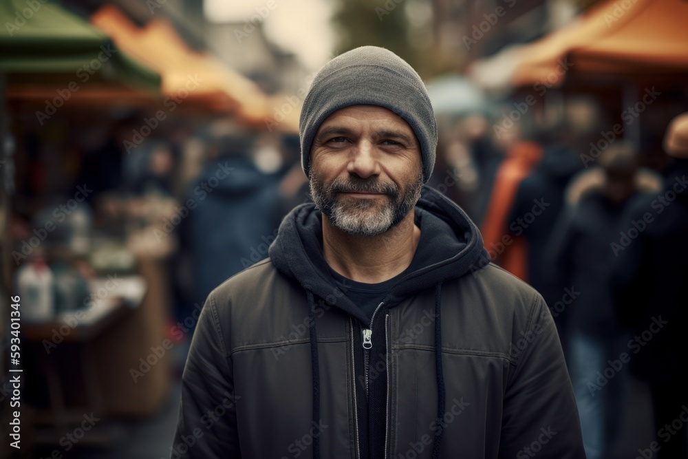 Portrait of a man with a beard on a street market.