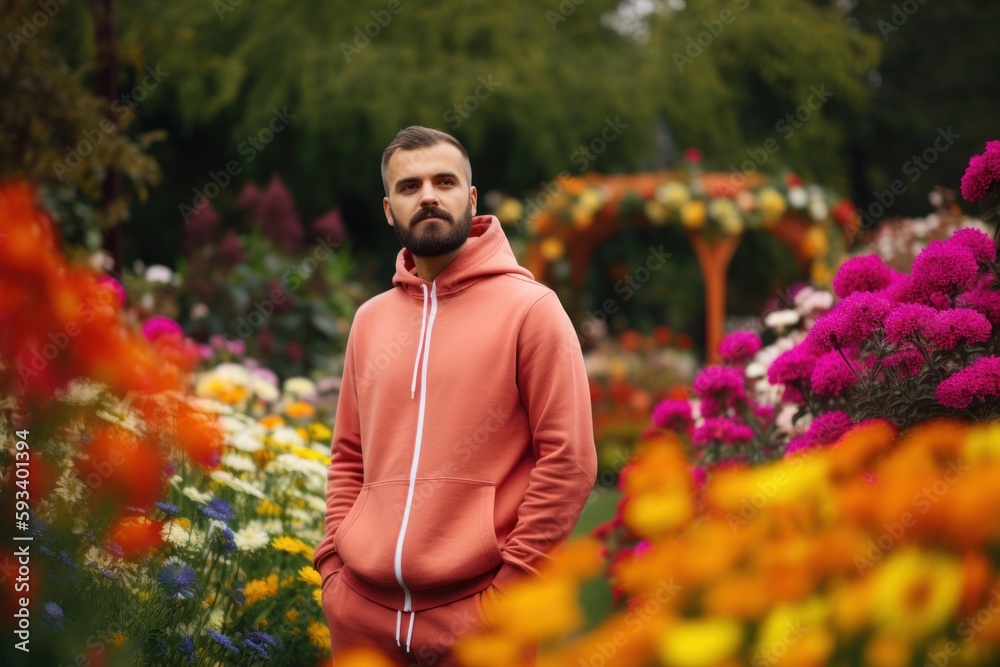 Portrait of a bearded man in a red sweatshirt standing in a flower garden. Portrait of a bearded man in a red sweatshirt standing in a flower garden.