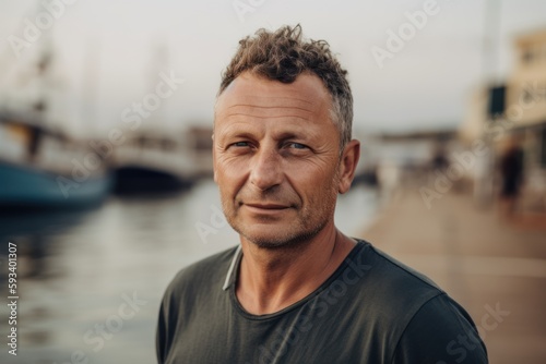 Medium shot portrait photography of a tender man in his 40s wearing a casual t-shirt against a fishing village or dock background. Generative AI