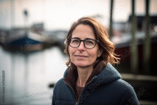 Portrait of a middle-aged woman with glasses and a blue jacket in the port