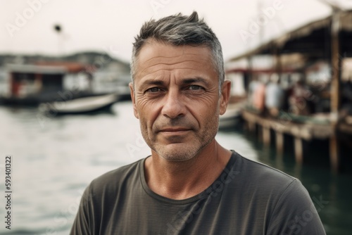 Portrait of a handsome middle-aged man with gray hair on the background of the sea.