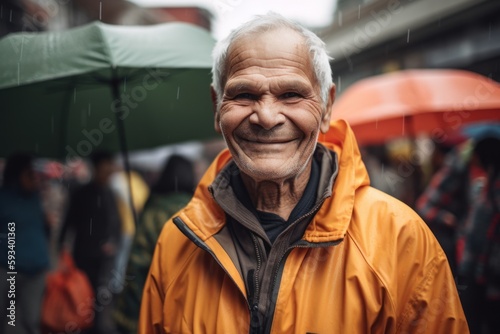 Environmental portrait photography of a pleased man in his 60s wearing a vibrant raincoat against a food market or street food background. Generative AI