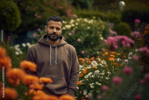 Portrait of a handsome bearded man in a park with flowers. © Robert MEYNER