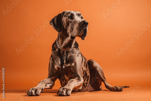  The Majesty of Great Danes. Graceful and serene purebred dog isolated on pastel yellow background with space for text. Copy space. Animal concept AI Generative