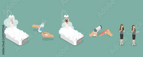 3D Isometric Flat Vector Conceptual Illustration of Hair Care Steps, Women Bathroom Routine