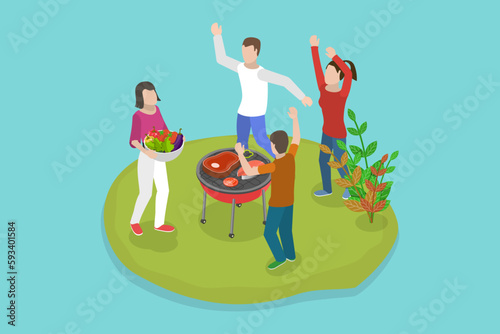 3D Isometric Flat Vector Conceptual Illustration of Barbecue Party, People Grilling Food in Park and Having Fun