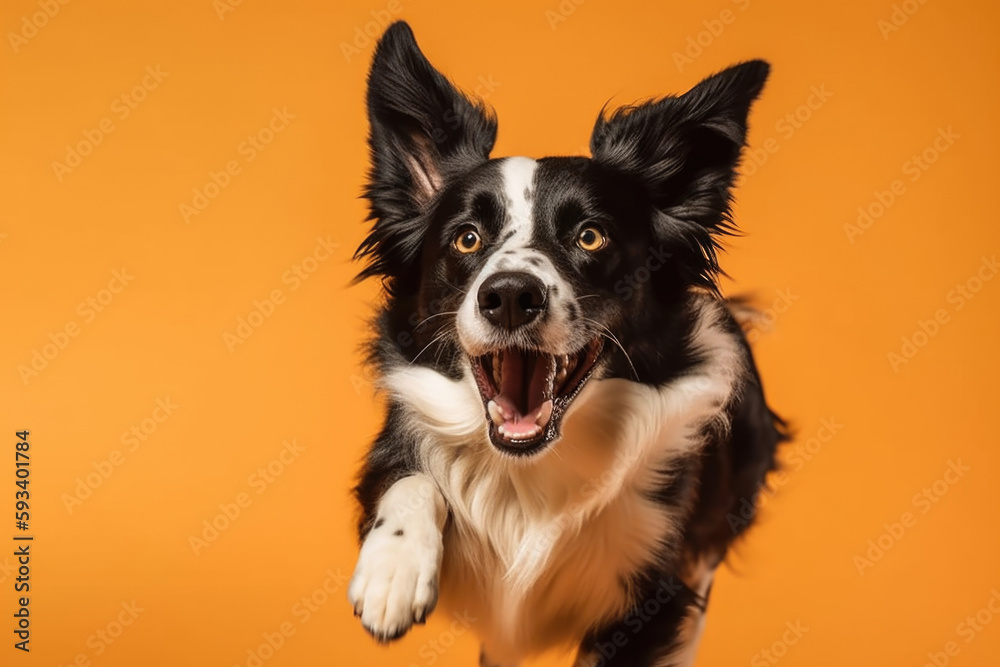 Energetic and Lively. Black and White Border Collie playing on a pastel background with space for text. Copy space. Pet concept AI Generative Energetic and Lively. Black and White Border Collie playing on a pastel background with space for text. Copy space. Pet concept AI Generative
