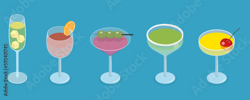3D Isometric Flat Vector Set of Cocktails, Drinks in Different Types of Glasses