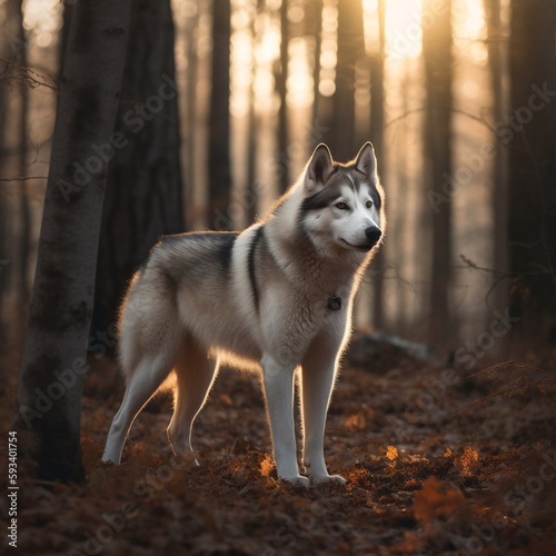Siberian husky running on the forest