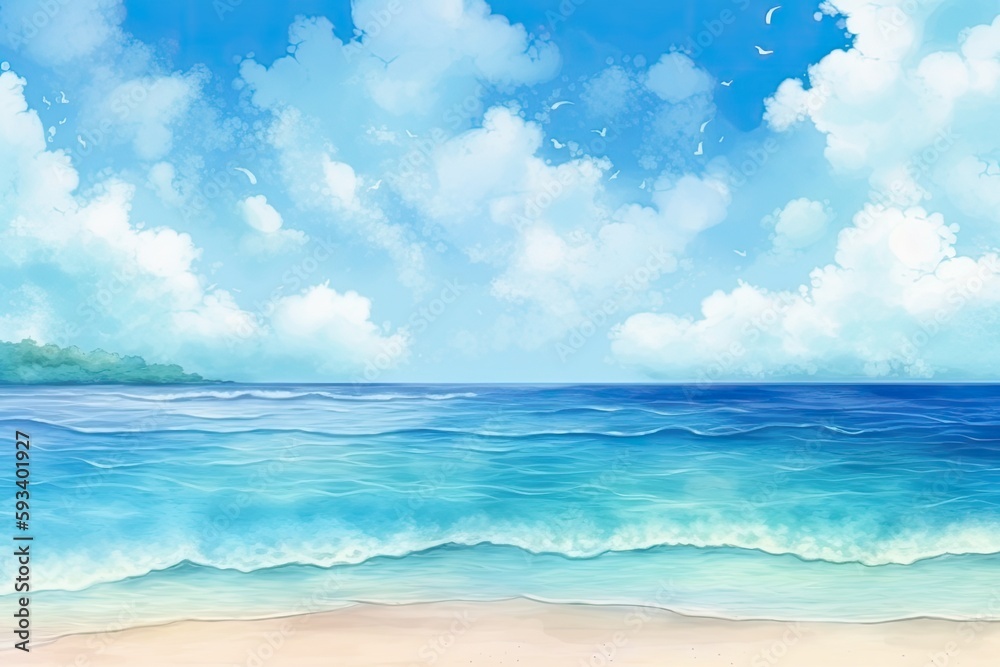 serene beach scene with clear blue water and fluffy clouds in the sky. Generative AI