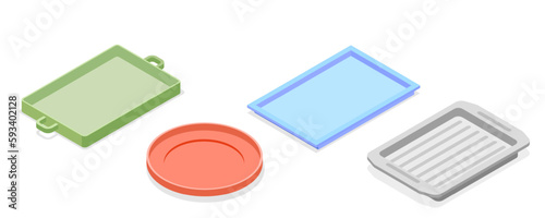 3D Isometric Flat Vector Set of Empty Serving Trays, Using in Restaurants and Domestic Kitchen