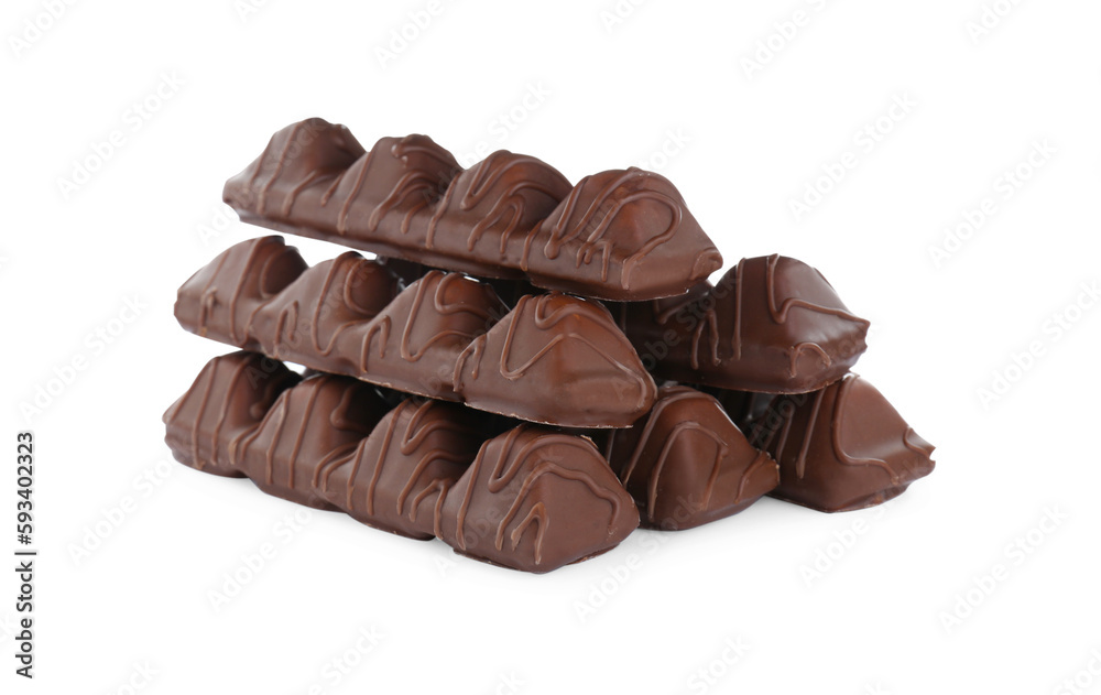 Naklejka premium Many tasty chocolate bars isolated on white