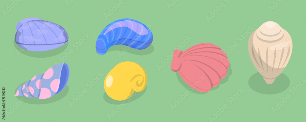3D Isometric Flat Vector Set of Seashells, Ocean Cockleshells 3D Isometric Flat Vector Set of Seashells, Ocean Cockleshells
