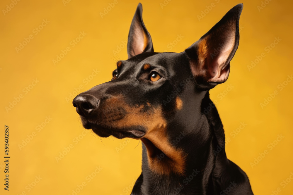 Loyal Companion: Smiling Doberman Pinscher with erect ears on yellow background with space for text. Copy space. Loyalty concept - AI Generative