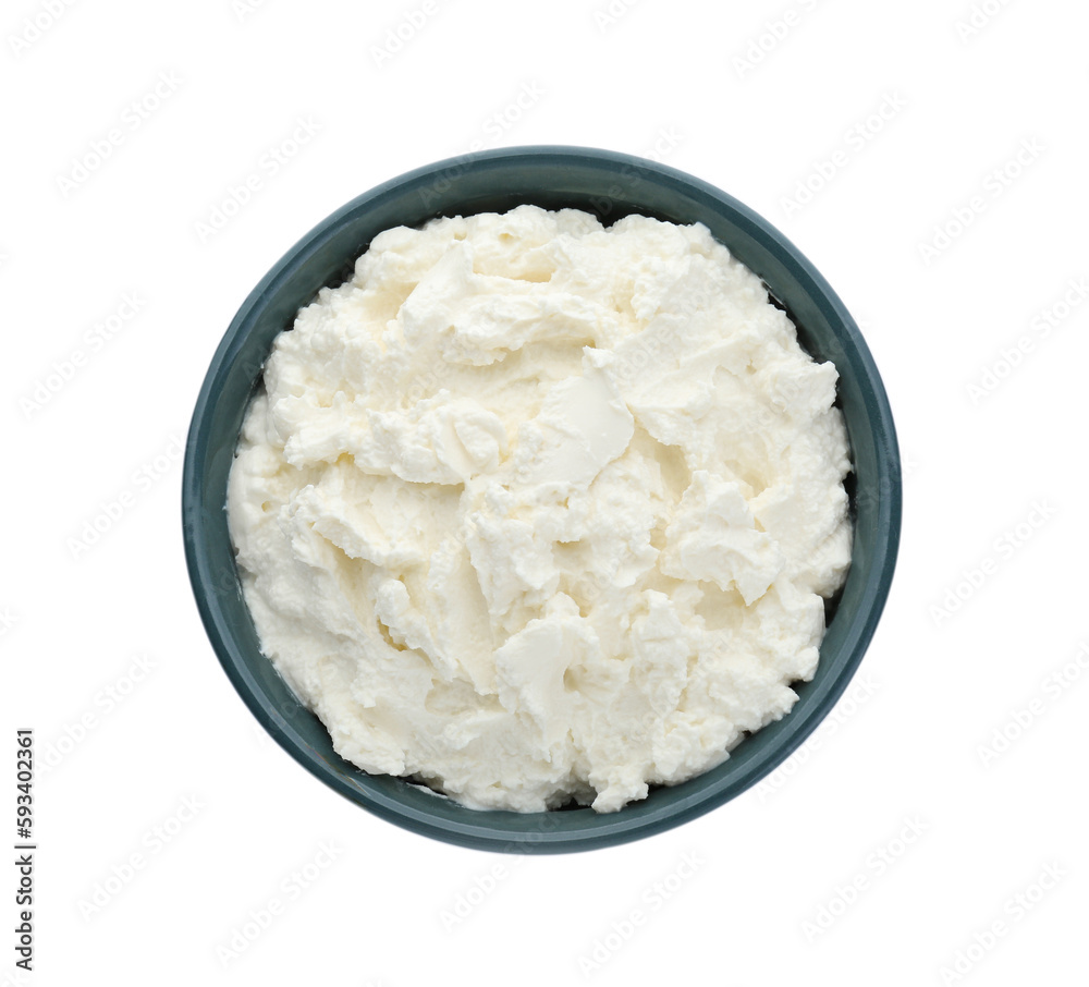 Delicious tofu cream cheese in bowl isolated on white, top view