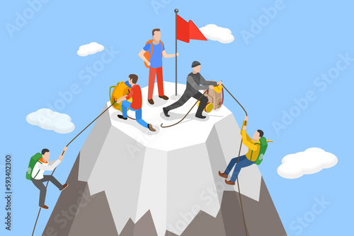 3D Isometric Flat Vector Conceptual Illustration of Mountaineer, Mountain Climbers, Outdoor Activities