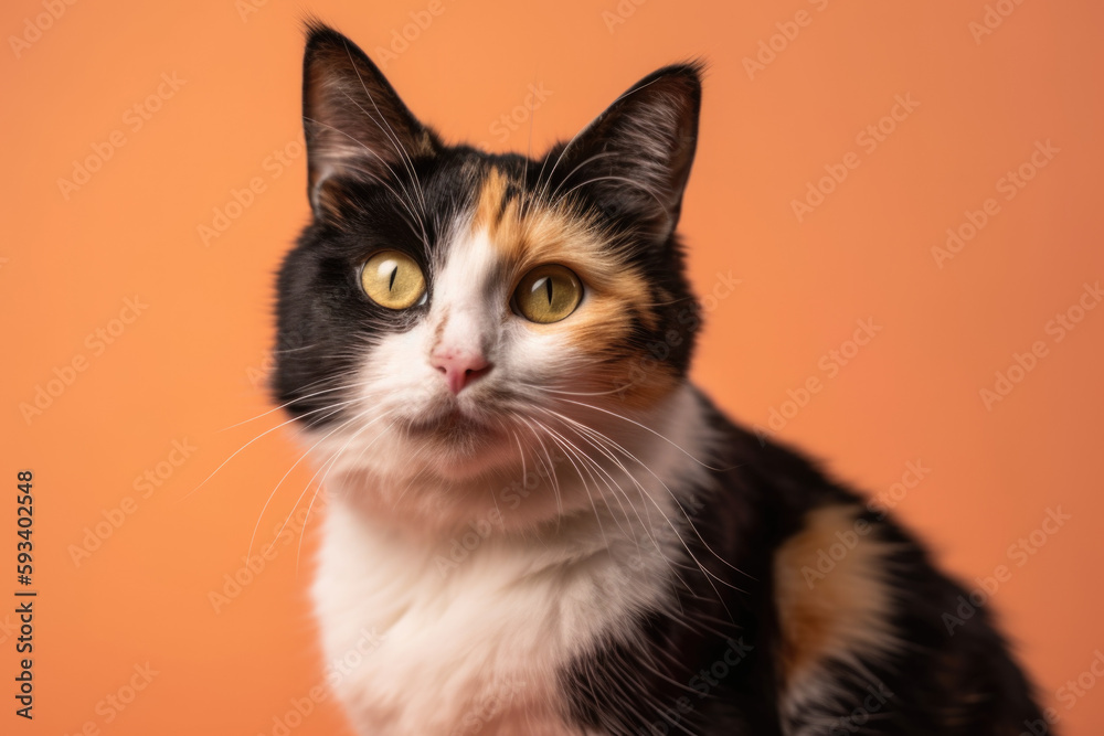 Sassy Calico Cat. Playful tri-color feline with a spirited expression, isolated on a pastel background with copy space. Pet concept AI Generative