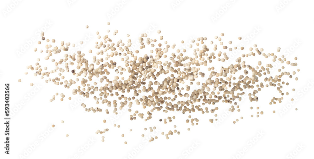 White Pepper seeds fly explosion, white Pepper float explode, abstract cloud fly. Peppercorn splash throwing in Air. White background Isolated high speed shutter, freeze motion