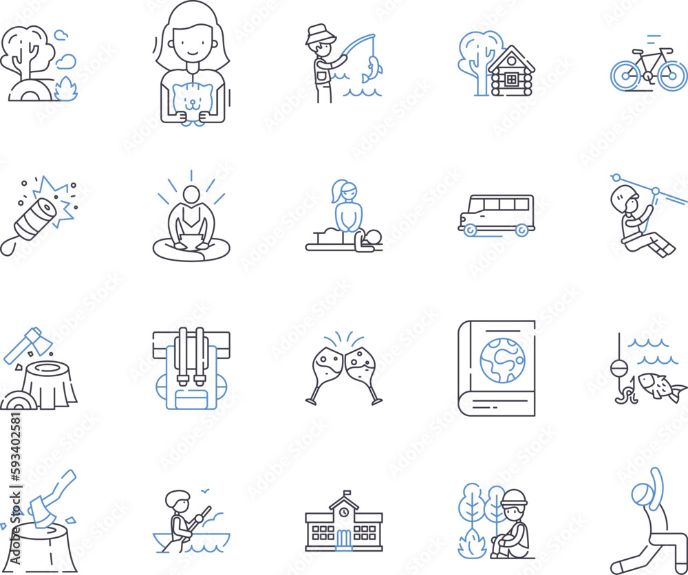Recreational pursuits outline icons collection. Hobby, Sport, Games, Camping, Fishing, Hiking, Skiing vector and illustration concept set. Boating, Surfing, Swimming linear signs